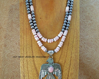 Western Cowgirl Necklace Set - Pink Conch Thunderbird Pendant