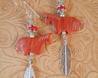 Rodeo Cowgirl Earrings - Southwest Style Carved Orange Red Horse Fetish Beads with Red Howlite - Western Statement