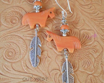 Rodeo Cowgirl Earrings - Southwest Style Carved Horse Fetish Beads with Orange Howlite