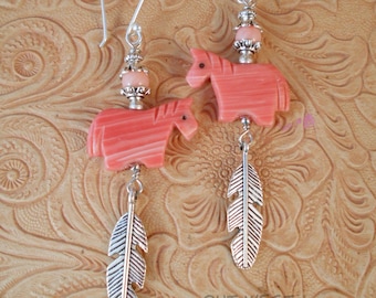 Rodeo Cowgirl Earrings - Southwest Style Carved Peach Pink Horse Fetish Beads with Coral and Tibetan Silver Eagle Feathers