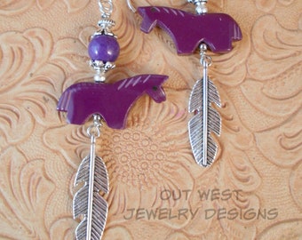 Rodeo Cowgirl Earrings - Southwest Style Carved Dark Purple Howlite Horse Fetish Beads and Tibetan Silver Feather Dangles