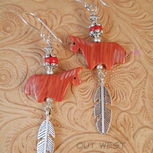 Rodeo Cowgirl Earrings - Southwest Style Carved Orange Red Horse Fetish Beads with Red Howlite - Western Statement