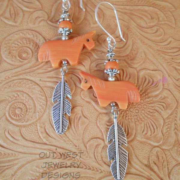 Rodeo Cowgirl Earrings - Southwest Style Carved Horse Fetish Beads with Orange Howlite