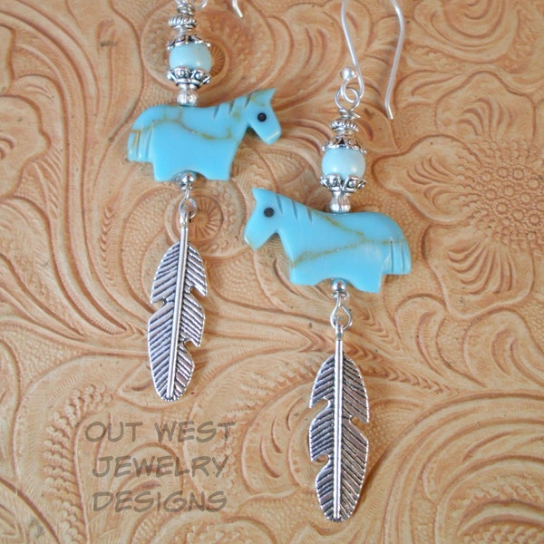 Rodeo Cowgirl Earrings - Southwest Style Carved Horse Fetish Beads with Turquoise Howlite and Tibetan Silver Eagle Feathers