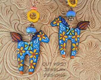 Dala Horse Earrings - Blue and Yellow Boho Swedish Dala Style Pony Dangles with Czech Glass Beads and Crystal