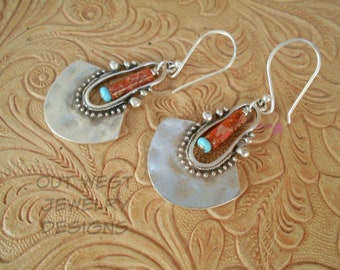 Western Cowgirl Statement Earrings - Silver Plated Tribal Dangles with Orange Impression Jasper and Hubei Turquoise - Southwest Style