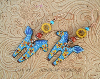 Dala Horse Earrings - Blue and Yellow Boho Swedish Dala Style Pony Dangles with Turquoise Howlite and Caramel Carnelian - Czech Glass Beads