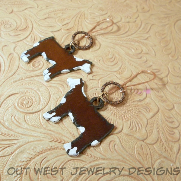 Fun Cowgirl Earrings - Rustic Steel Show Heifers - Hereford - Cattle - Cows