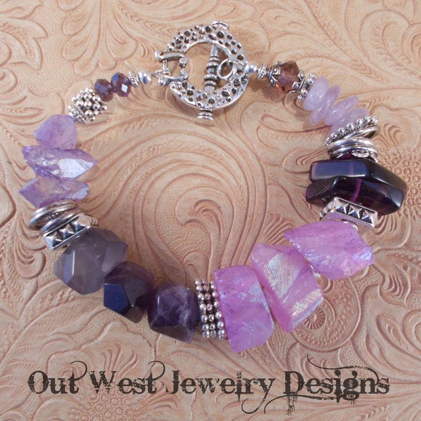 Chunky Bracelet - Amethyst and Purple Quartz Nuggets - Boho Gypsy Style - Chunky Western - Gemstone Bracelet with Crystals