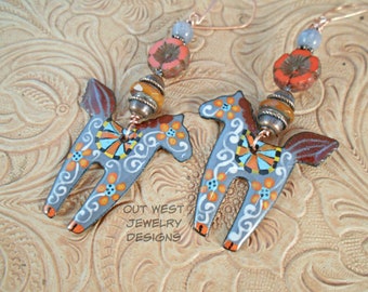 Dala Horse Earrings - Gray and Orange Boho Swedish Dala Style Pony Dangles with Czech Glass Beads and Gray Quartz