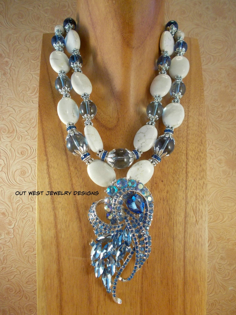 Western Statement Necklace Set Chunky White Howlite and Pale Sapphire Glass Cowgirls Night Out Fancy Crystal Pendant