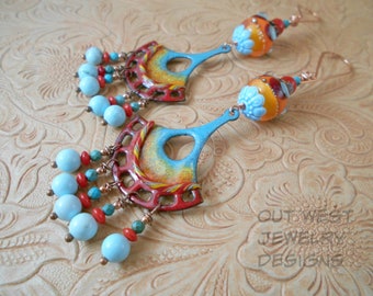 Turquoise and Coral Earrings - Artisan Enameled Fans in Fiesta Colors - Boho Gypsy Cowgirl Style with Hand Torched Lampwork Beads