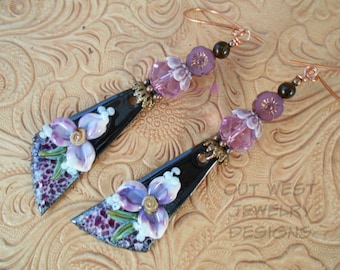 Statement Earrings Enameled Artisan Drops - Boho Gypsy Cowgirl Style with Hand Torched Lampworked Decoration - Obsidian and Crystal