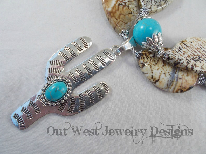 Western Cowgirl Statement Necklace Set Brown and White Agate Saguaro Cactus Pendant Chunky Turquoise Howlite