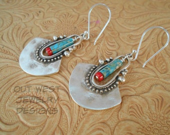 Western Cowgirl Statement Earrings - Silver Plated Tribal Dangles with Turquoise Impression Jasper and Red Coral Heishe - Southwest Style