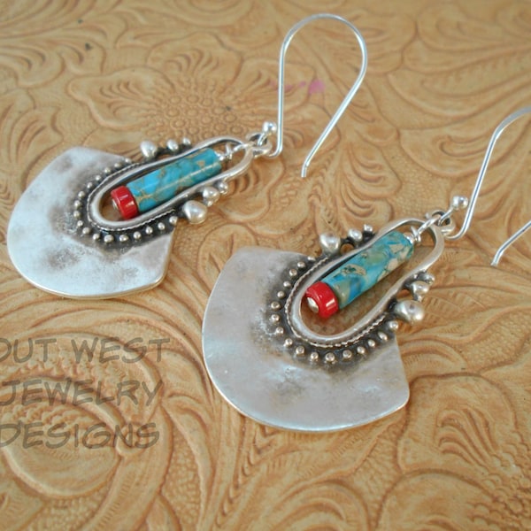 Western Cowgirl Statement Earrings - Silver Plated Tribal Dangles with Turquoise Impression Jasper and Red Coral Heishe - Southwest Style