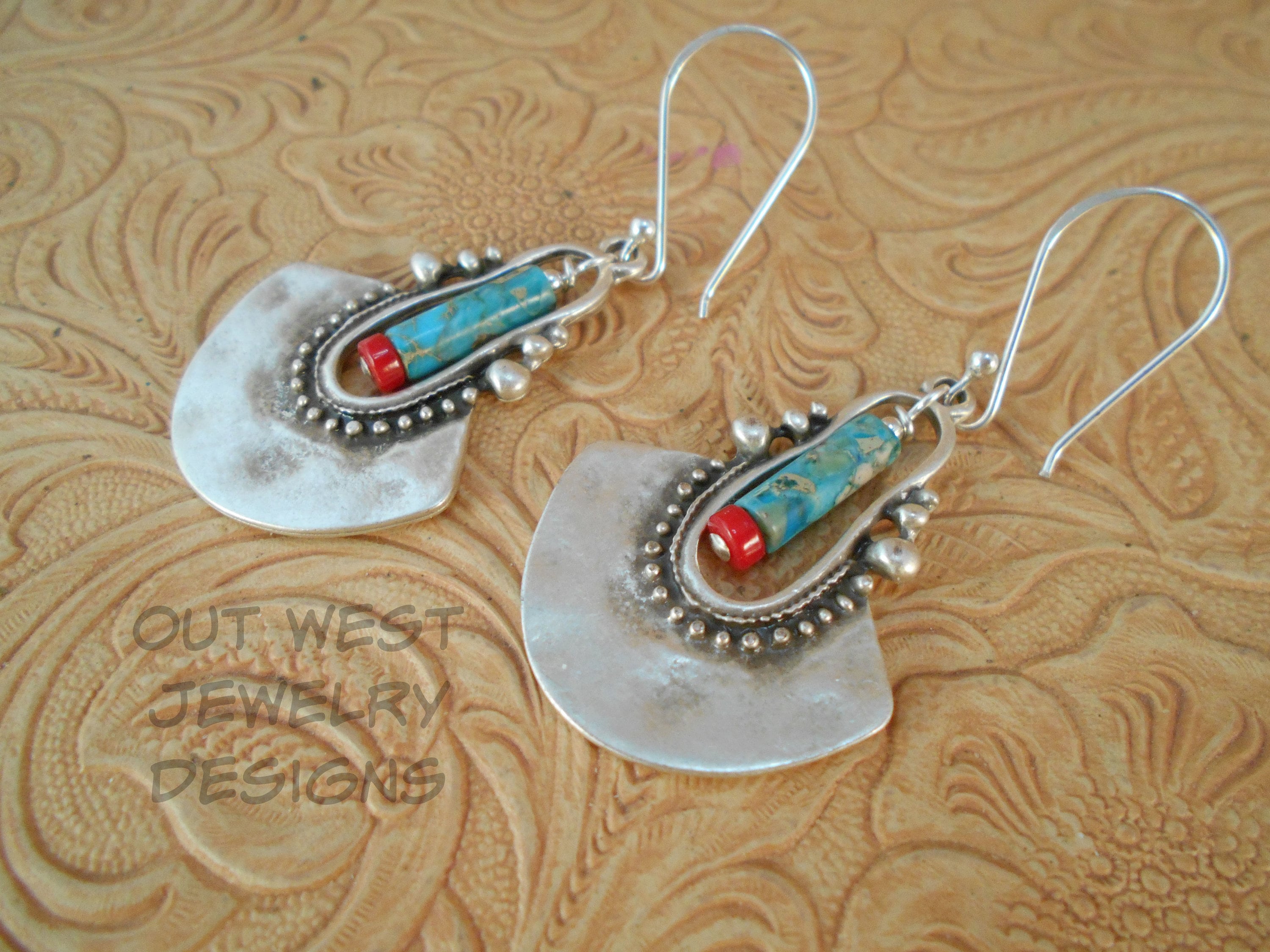 Western Cowgirl Statement Earrings - Silver Plated Tribal Dangles with Turquoise Impression Jasper and Red Coral Heishe - Southwest Style