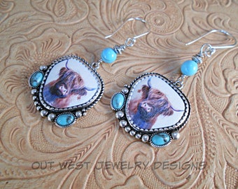 Western Rodeo Cowgirl Earrings Highland Cattle Dangles with Turquoise Howlite Cabochons and Beads - Southwestern