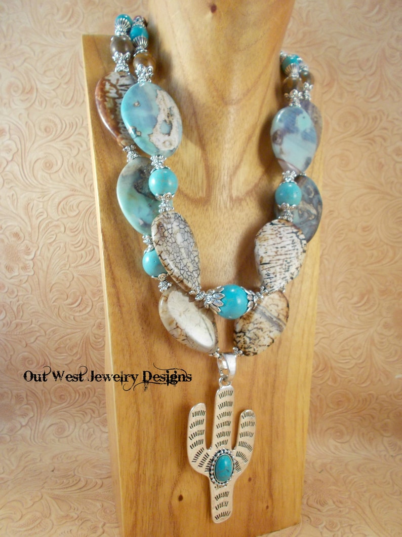 Western Cowgirl Statement Necklace Set Brown and White Agate Saguaro Cactus Pendant Chunky Turquoise Howlite