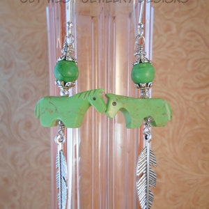 Cowgirl Earrings Southwest Style Carved Green Horse Fetish Beads with Howlite and Tibetan Silver Feathers image 2