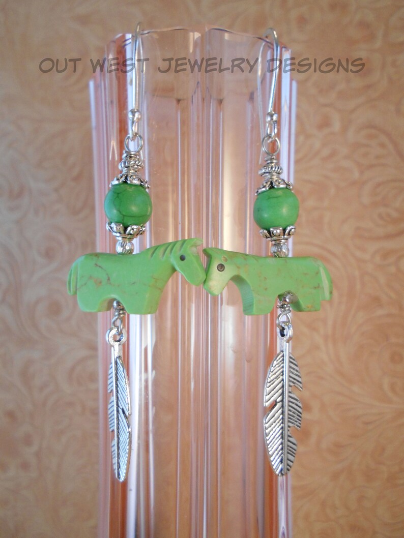 Cowgirl Earrings Southwest Style Carved Green Horse Fetish Beads with Howlite and Tibetan Silver Feathers image 2