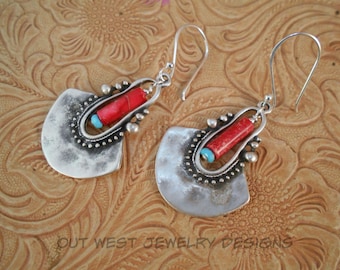 Western Cowgirl Statement Earrings - Silver Plated Tribal Dangles with Pink Impression Jasper and Turquoise - Southwest Style