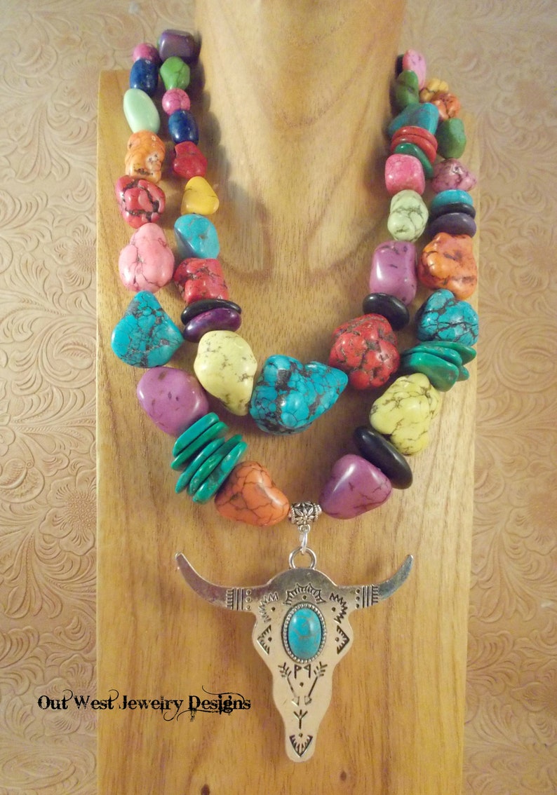 Boho Rodeo Western Cowgirl Statement Necklace Chunky Multicolored Howlite Nuggets with Buffalo Skull Pendant