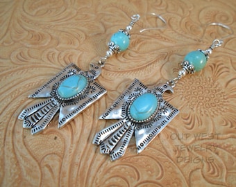 Western Rodeo Cowgirl Earrings - Thunderbird Dangles with Turquoise Howlite Cabochons - Southwestern