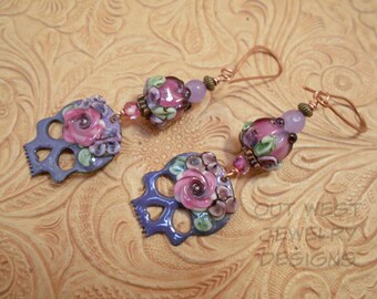 Artisan Enameled Earrings - Boho Sugar Skull Dangles with Lampwork Roses and Lavender Candy Jade - Dia de los Muertos