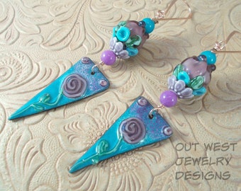 Artisan Enameled Earrings - Boho Gypsy Cowgirl Style Floral Triangles with Hand Torched Lampwork Purple Rose Beads