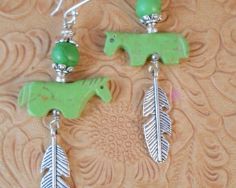Cowgirl Earrings - Southwest Style Carved Green Horse Fetish Beads with Howlite and Tibetan Silver Feathers