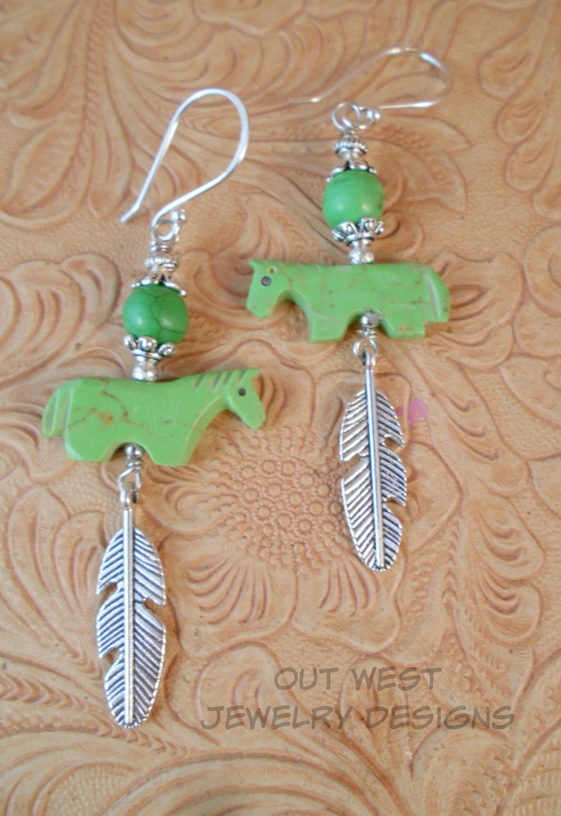 Cowgirl Earrings Southwest Style Carved Green Horse Fetish Beads with Howlite and Tibetan Silver Feathers image 1