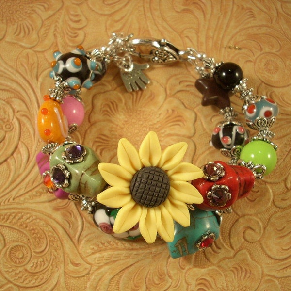 Cowgirl Bracelet Howlite Sugar Skulls with Lampwork Beads and Swarovski Crystal No. 46