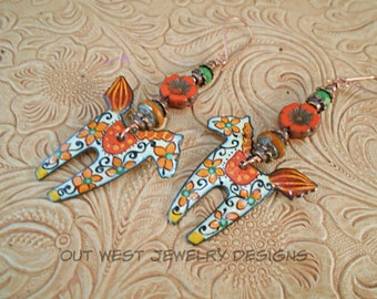 Dala Horse Earrings - Orange and Cream Boho Swedish Dala Style Pony Dangles with Czech Glass Beads and Crystal