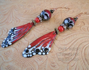 Artisan Enameled Red Monarch Butterfly Wing Earrings - Boho Gypsy Cowgirl Style with Hand Torched Lampwork Beads - Obsidian