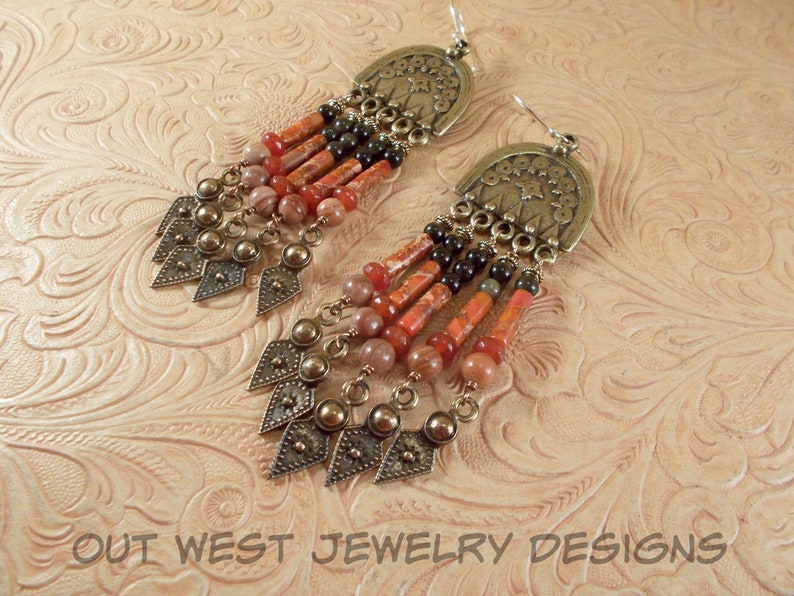 Gemstone Fringe Dangles Boho Gypsy Cowgirl Style Orange Variscite Jasper Jade and Black Obsidian with Brass Earrings