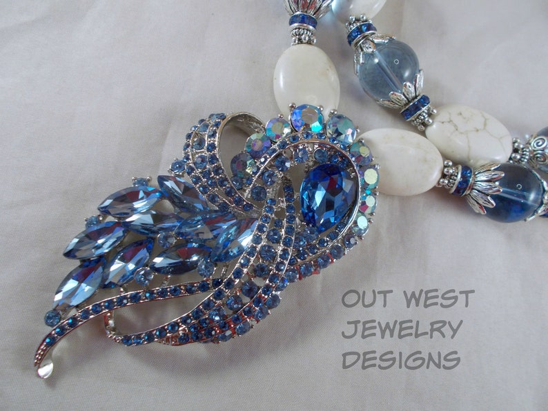 Western Statement Necklace Set Chunky White Howlite and Pale Sapphire Glass Cowgirls Night Out Fancy Crystal Pendant