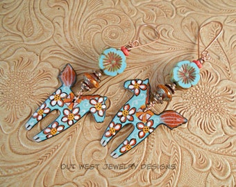 Dala Horse Earrings - Turquoise Boho Swedish Dala Style Pony Dangles with Aqua and Orange Czech Glass Beads