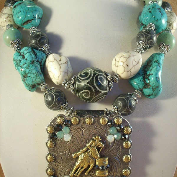 Cowgirl Necklace Set - Chunky Howlite Turquoise with a Barrel Racer Concho Pendant- Rodeo
