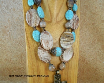 Western Cowgirl Necklace Set Chunky Brown and Cream Jasper 