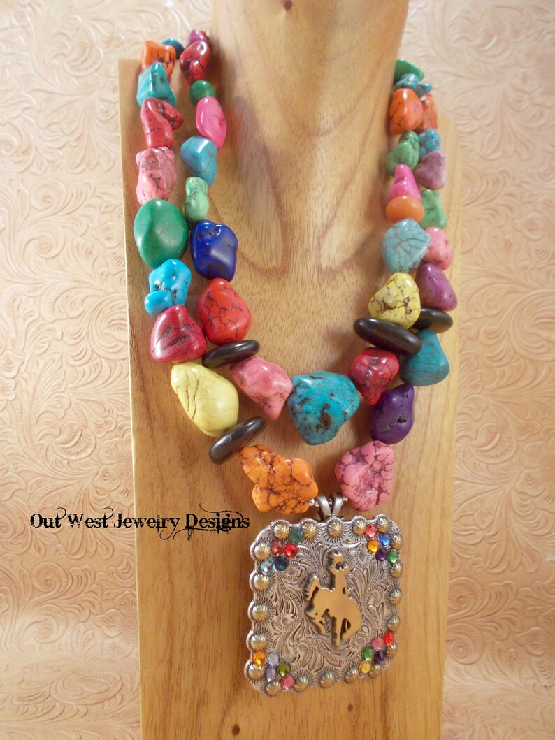 Details about / Western Cowgirl Choker Chunky Pendant Necklace Show Concho Cactus