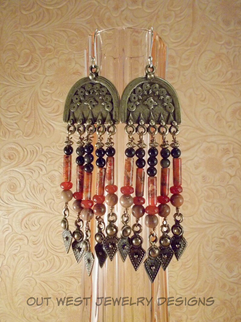 Gemstone Fringe Dangles Boho Gypsy Cowgirl Style Orange Variscite Jasper Jade and Black Obsidian with Brass Earrings