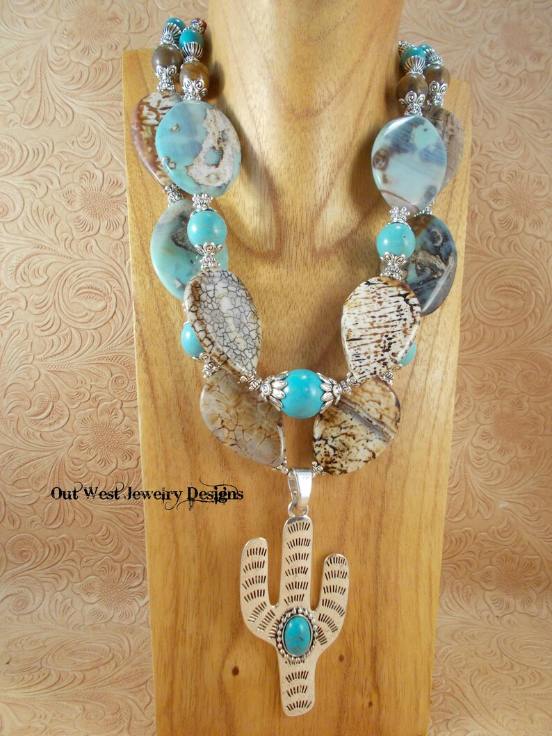 Western Cowgirl Statement Necklace Set Brown and White Agate Saguaro Cactus Pendant Chunky Turquoise Howlite
