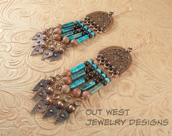 Earrings - Boho Gypsy Cowgirl Style Gemstone Fringe Dangles - Teal Variscite - Turquoise - Jasper and Black Obsidian with Copper