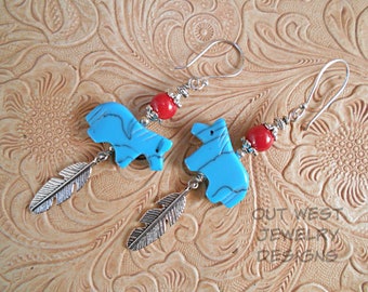 Rodeo Cowgirl Earrings - Southwest Style Carved Turquoise Colored Horse Fetish Beads with Red Coral and Tibetan Silver Eagle Feathers