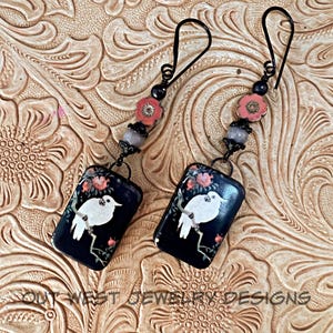 Earrings - Boho Folk Art Western Style Ceramic Dangles - Cockatoos with Coral Czech Glass Flowers