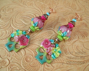 Artisan Enameled Earrings - Boho Sugar Skull Dangles with Lampwork Roses - Turquoise and Czech Glass - Dia de los Muertos