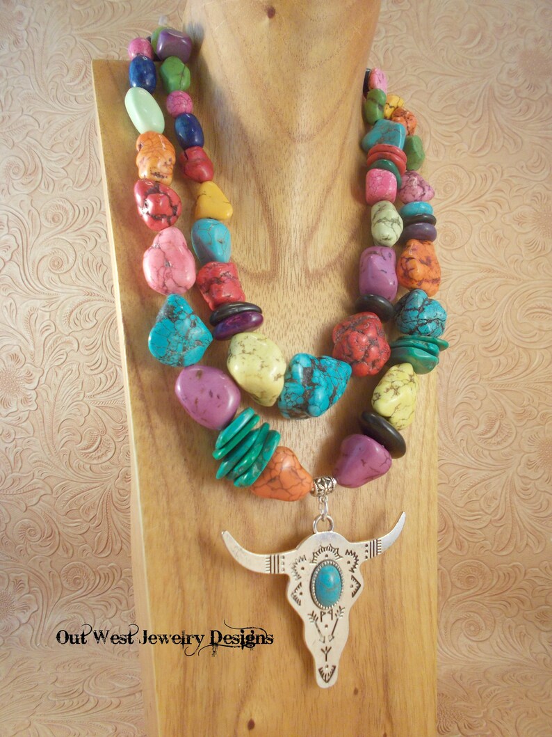 Boho Rodeo Western Cowgirl Statement Necklace Chunky Multicolored Howlite Nuggets with Buffalo Skull Pendant