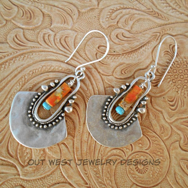 Western Cowgirl Statement Earrings - Silver Plated Tribal Dangles with Orange Impression Jasper and Hubei Turquoise - Southwest Style