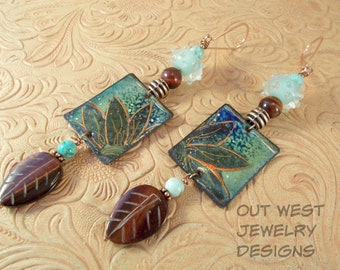 Artisan Enameled Copper Earrings - Boho Gypsy Style Floral Dangles with Lampwork - Red Tiger Eye and Chrysocolla